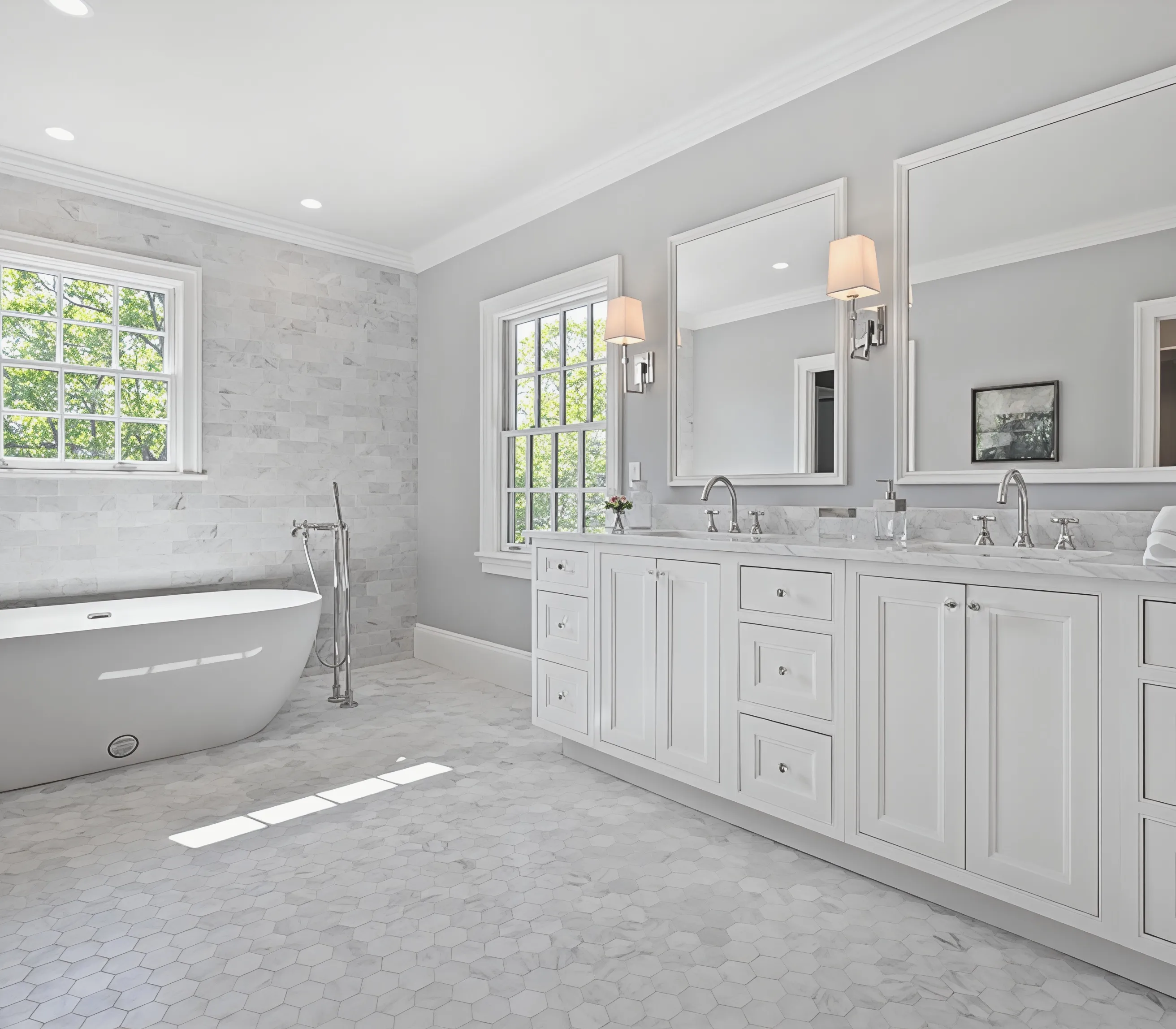 Renovated primary bathroom with freestanding tub and marble tile, Gibbs Street project in Newton, MA