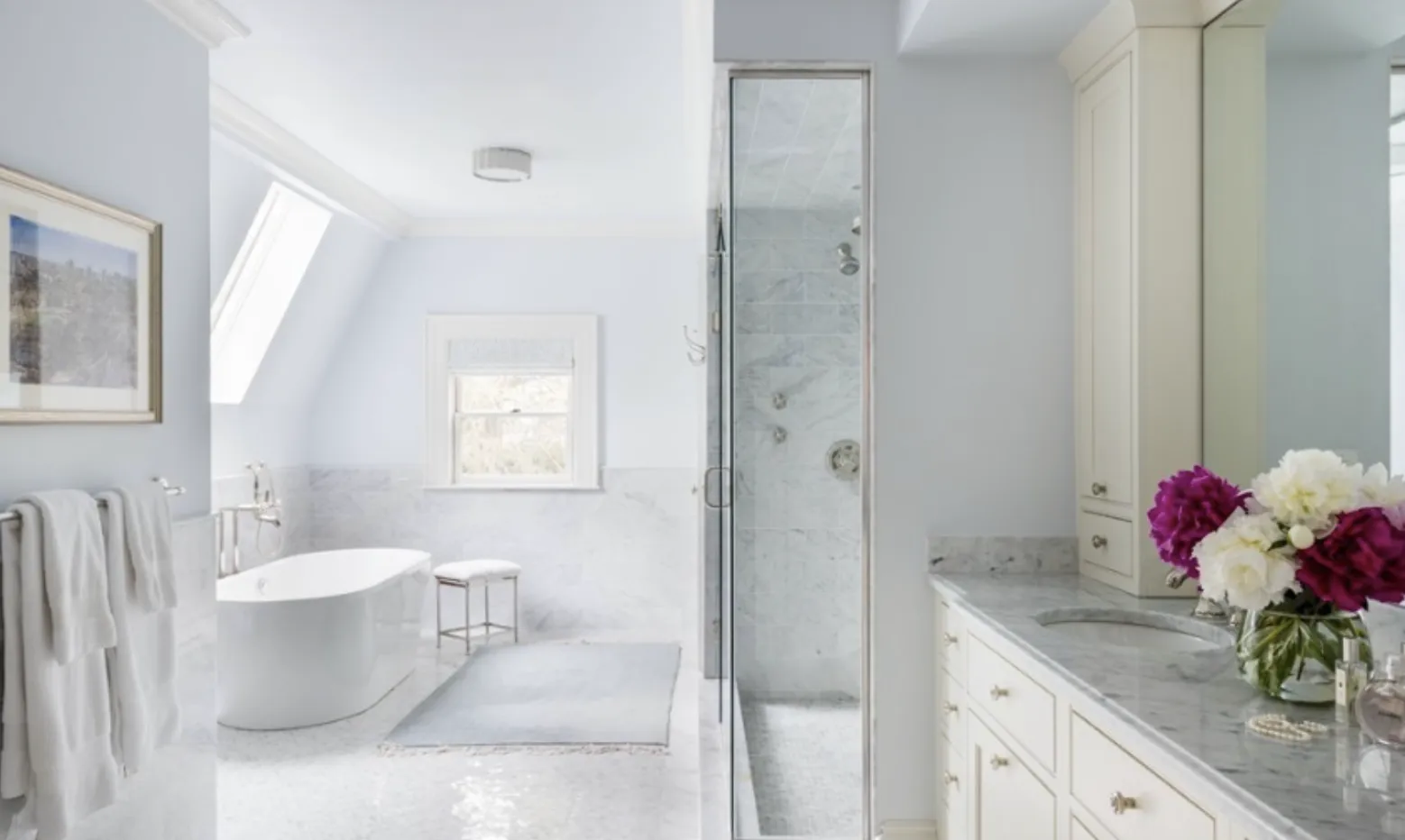 Skylit primary bathroom with freestanding tub, Hammonwoods Road project in Chestnut Hill, MA