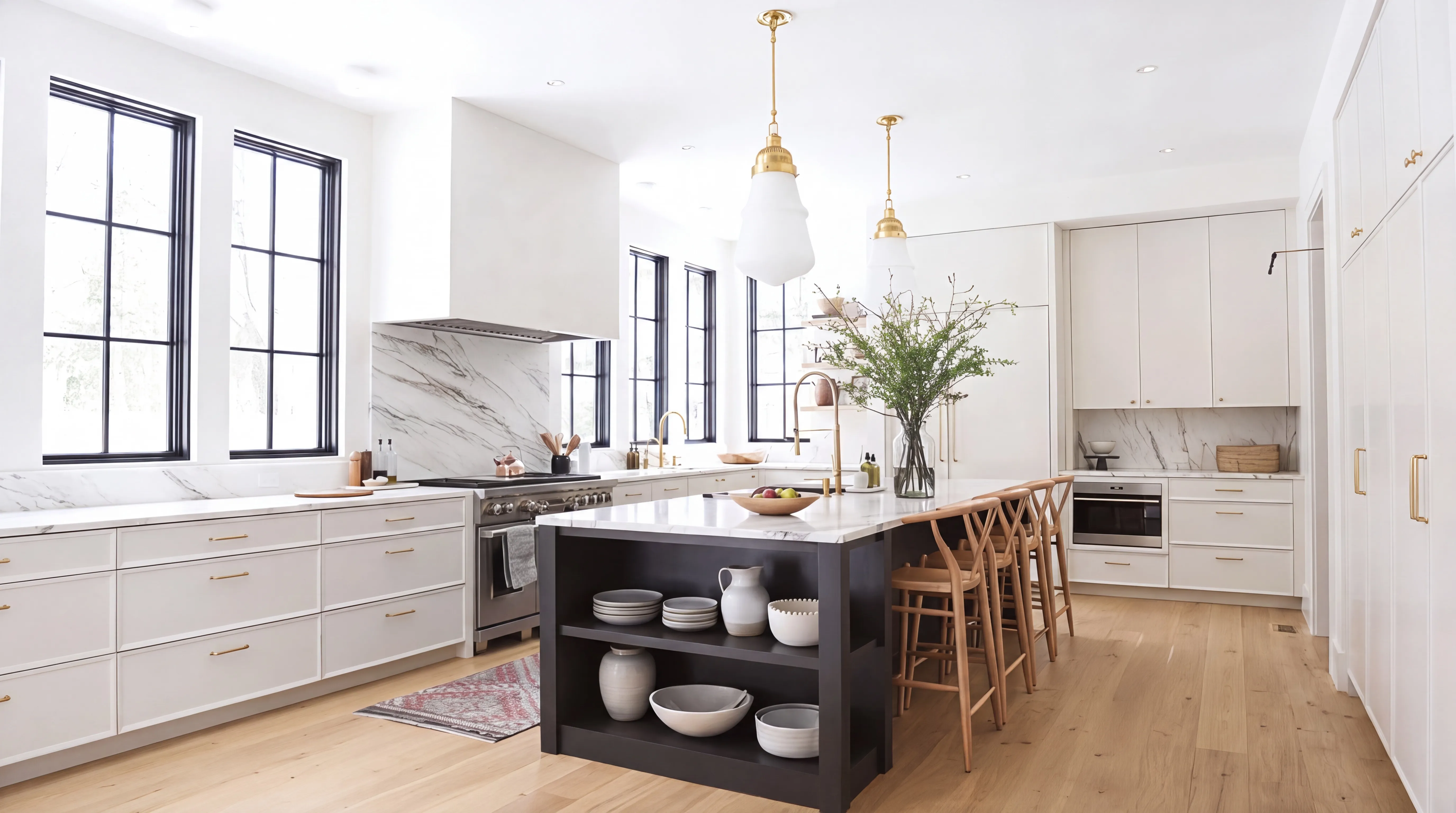Bright, custom-renovated kitchen with marble island and brass pendant lighting from the Heath Hill Road restoration in Brookline, MA, an Abrams Builders project