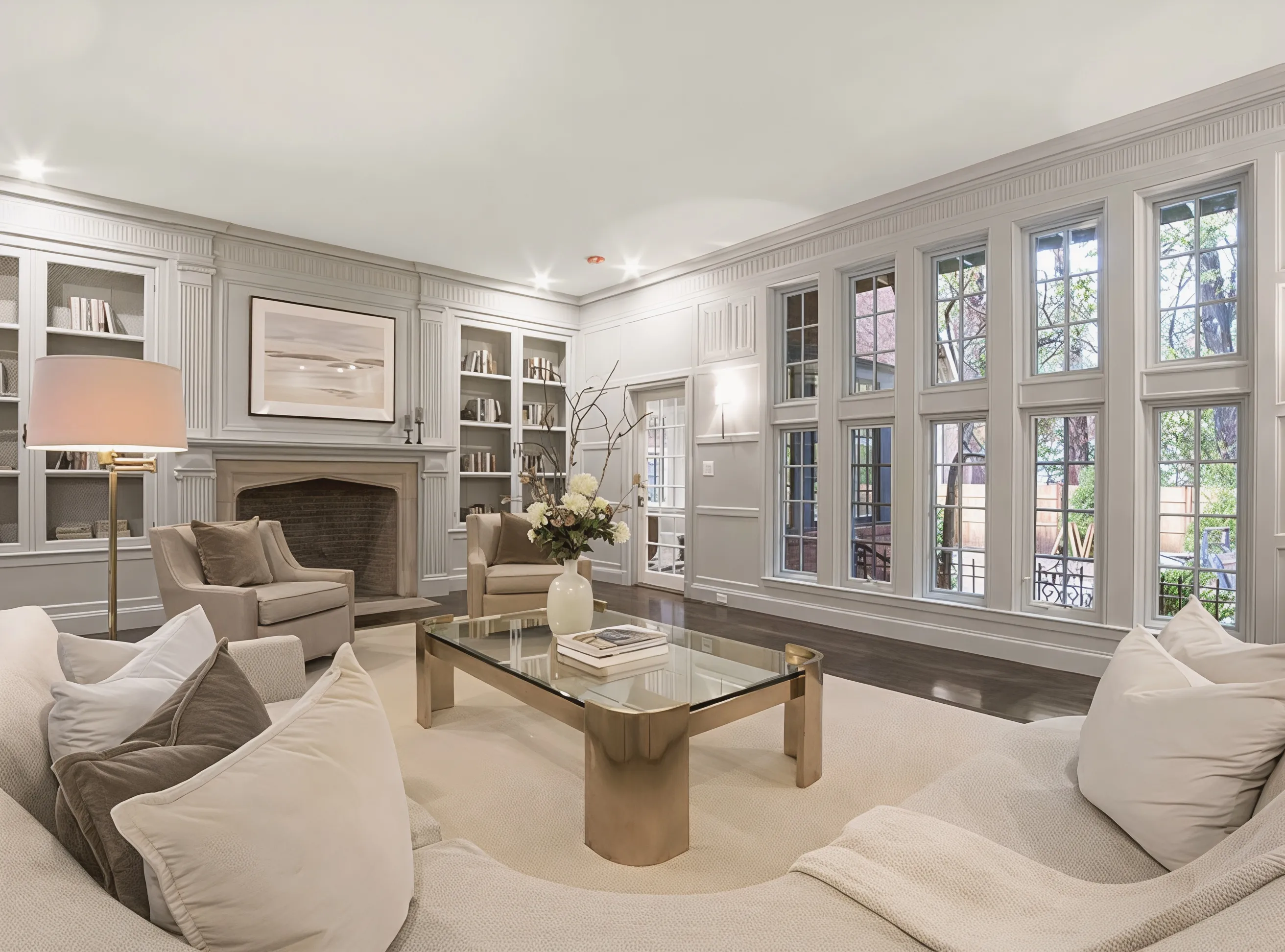 Formal living room with custom millwork and picture window, Woodchester Drive project in Chestnut Hill, MA