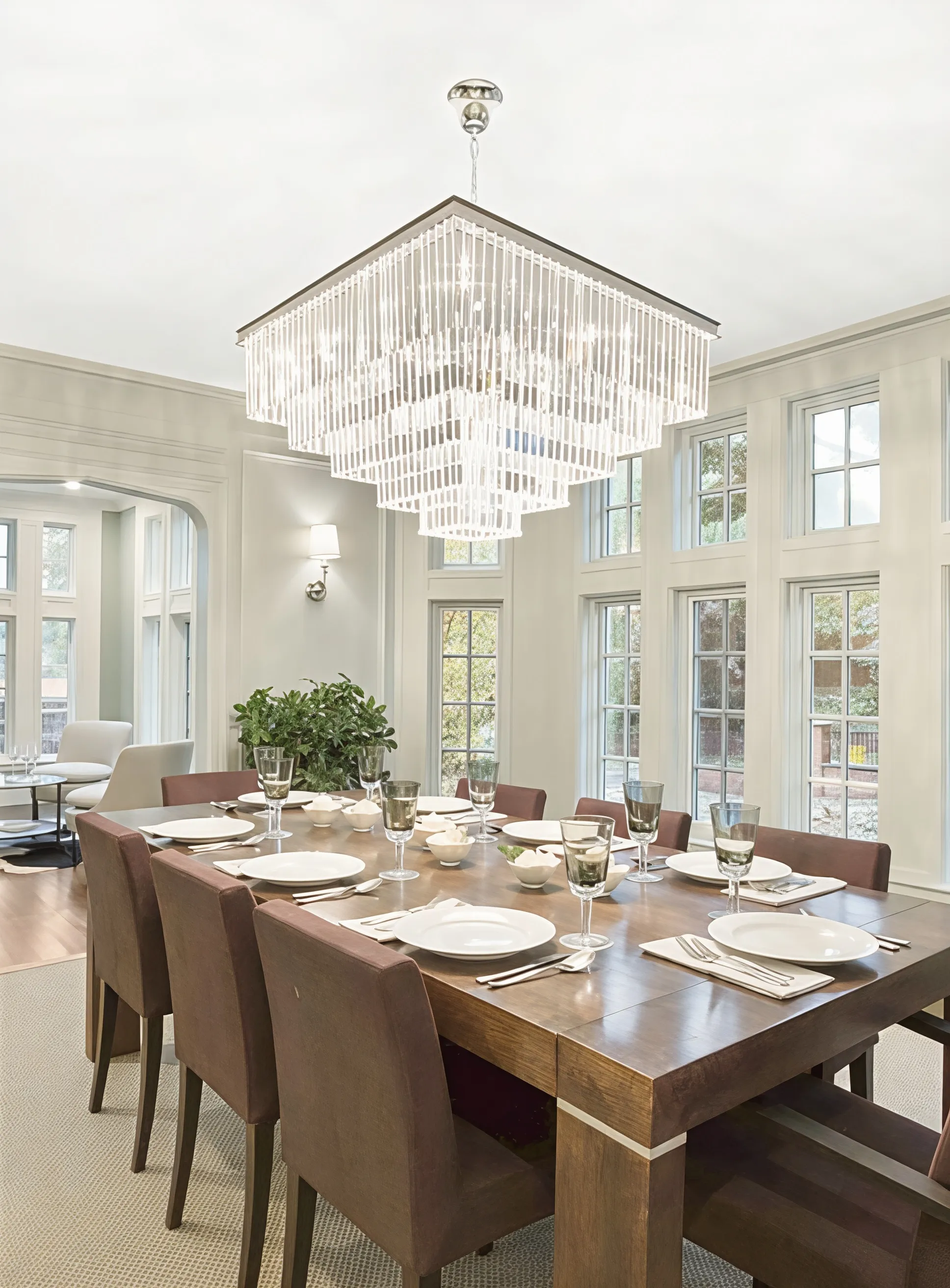 Formal dining room with crystal chandelier, a recent Abrams Builders restoration in Chestnut Hill
