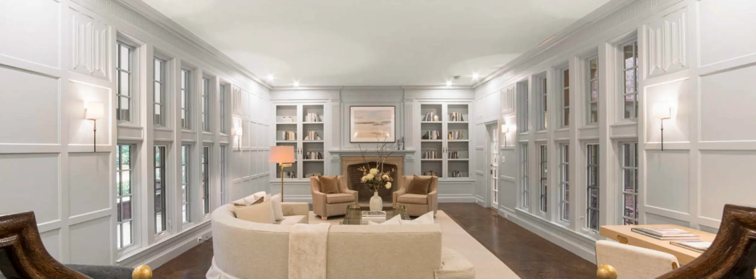Wood-panelled formal library, Woodchester Drive project in Chestnut Hill, MA